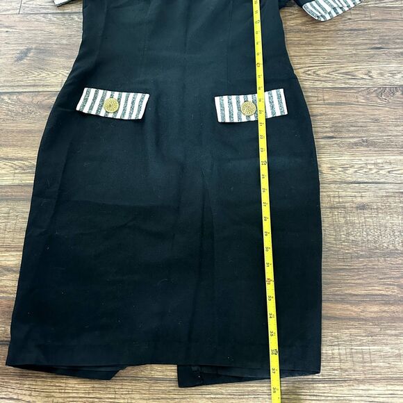 Vintage Oleg Cassini Silk Black Fitted Dress Classic 80s Stripe Sleeve Size 8 - Picture 6 of 9